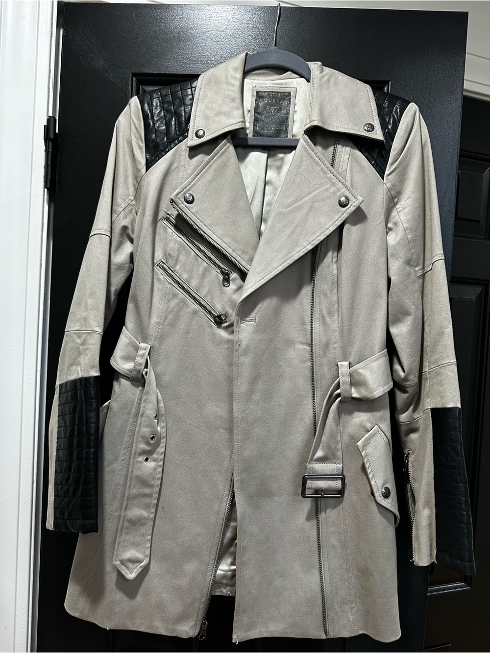 Guess Beige Trench Coat with Black Quilted faux leather Accents